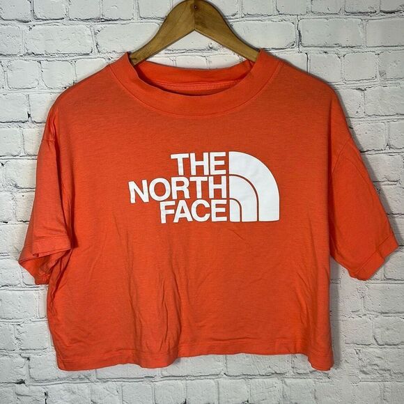 The North Face Shirt Womens Large Coral Cropped Logo Tee Boxy Band Collar Relaxe - Picture 1 of 7